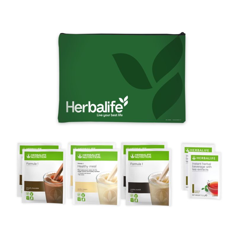 Kit Prova Prodotti Herbalife con 2 bustine Infuso, 3 bustine Formula 1 gusto Vaniglia, Cioccolato e Biscotto, astuccio brandizzato.