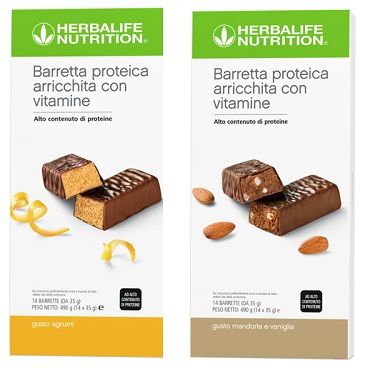 Barrette proteiche Herbalife Nutrition, gusti agrume e mandorla e vaniglia, arricchite con vitamine e alto contenuto di proteine.