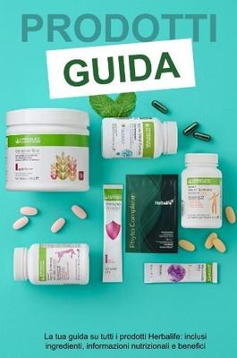 GUIDA AI PRODOTTI, integratori alimentari Herbalife disposti su sfondo verde acqua, contenitori e confezioni varie con etichette verdi e bianchi.