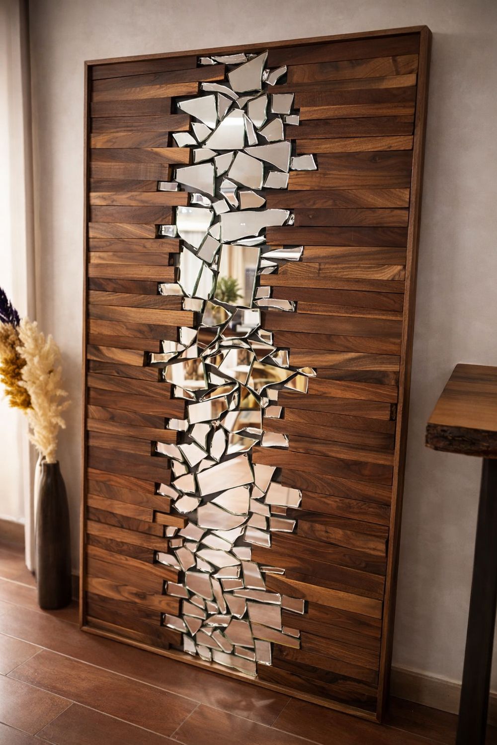 Œuvre murale artisanale en bois massif et miroirs