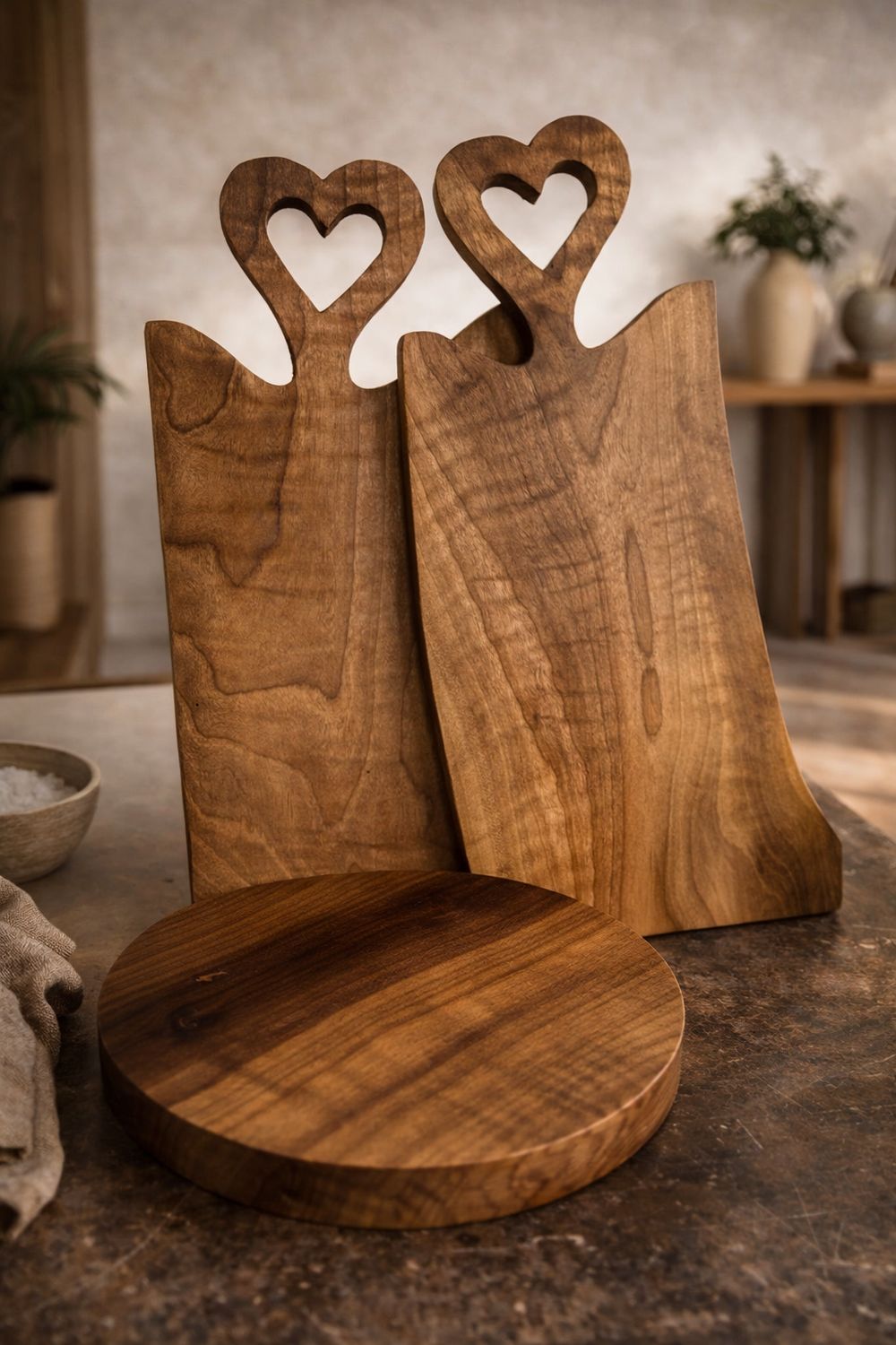 Duo de planches à découper cœur en noyer massif