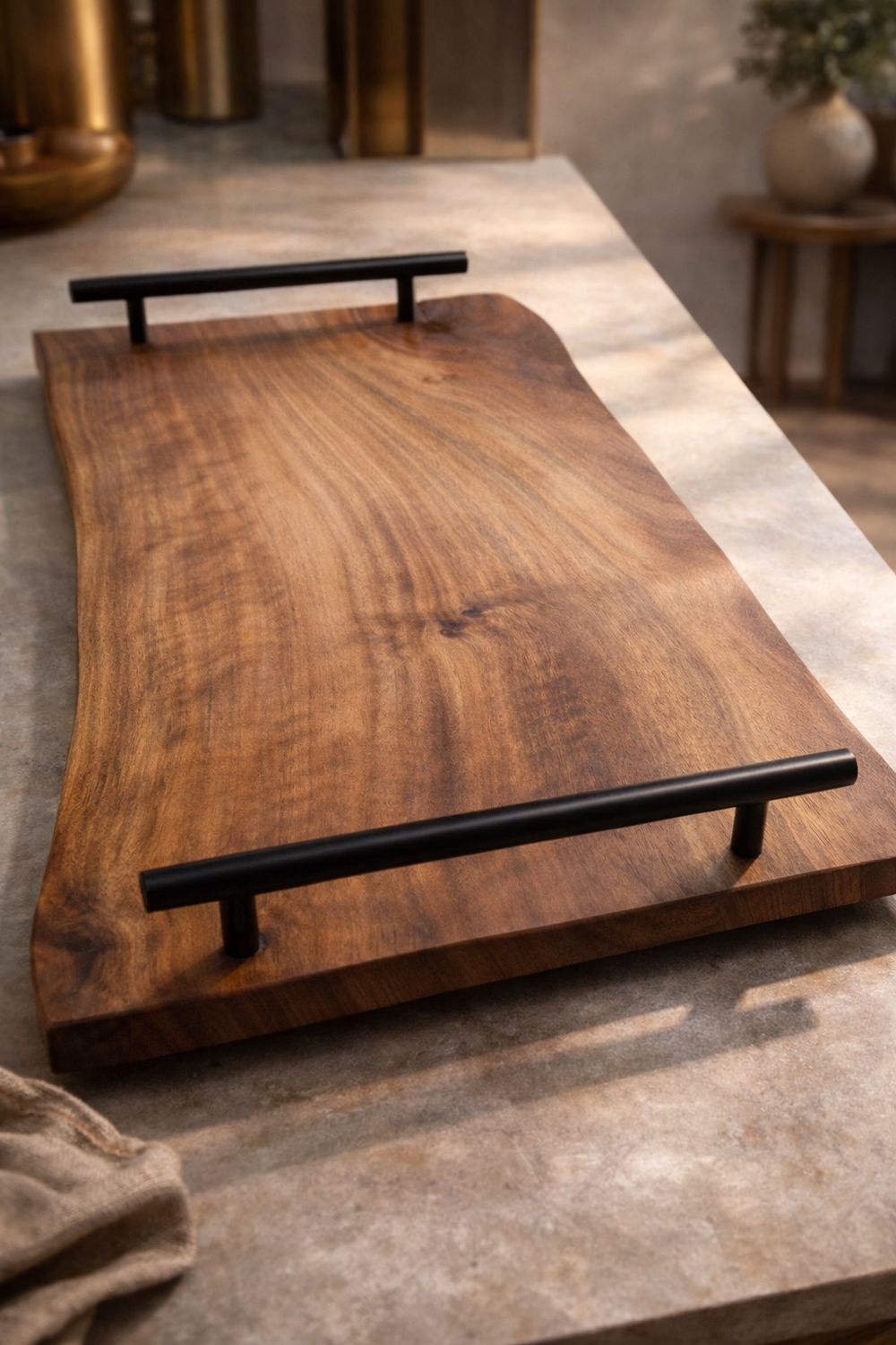 Plateau de service en noyer massif et aluminium