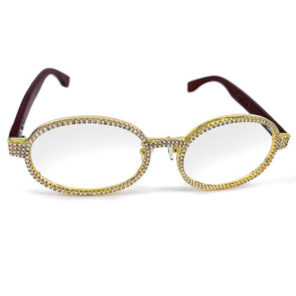 Fully Iced Vintage Gold Clear Lens Wood Glasses