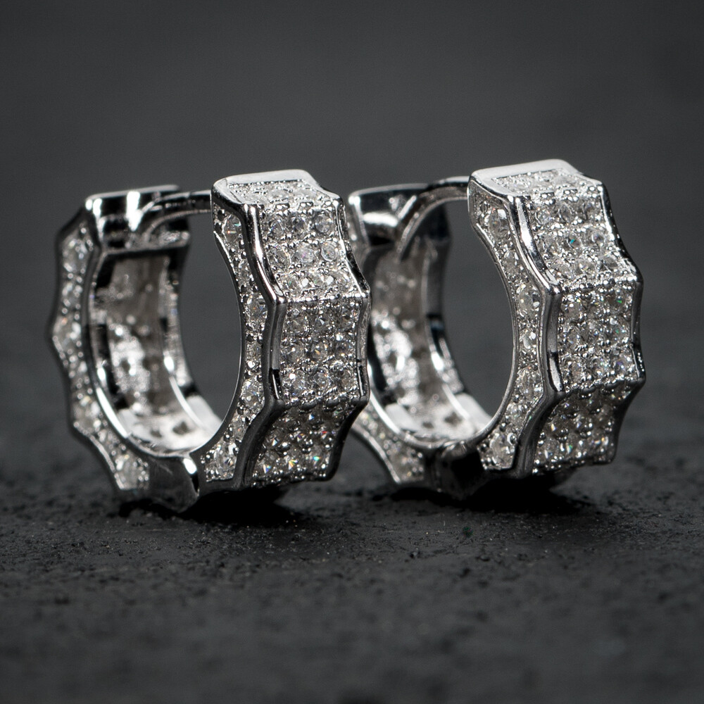 Mens Sterling Silver Fully Iced Hoop Earrings