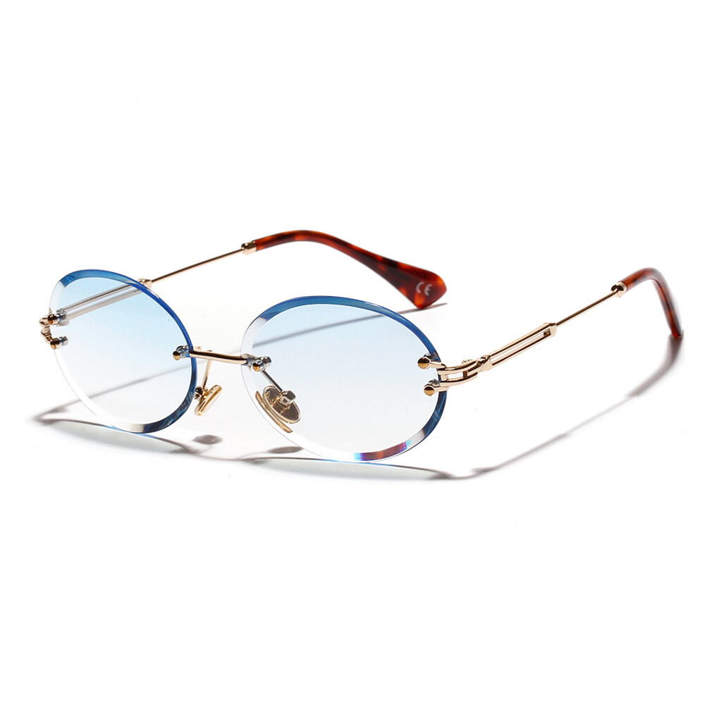 Mens Round Cut Rimless Baby Blue Tint Sunglasses