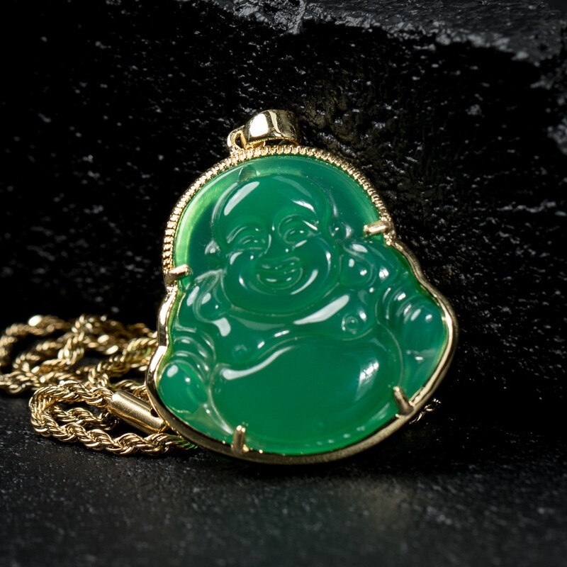 Solid Small 14K Gold Green Jade Buddha Pendant Necklace