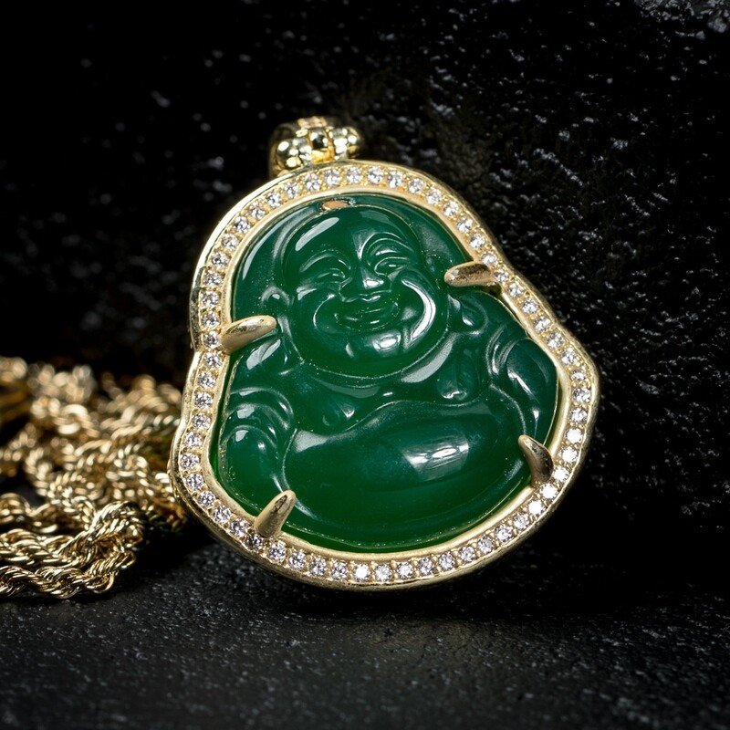 Yellow Gold Iced Green Jade Buddha Pendant Necklace