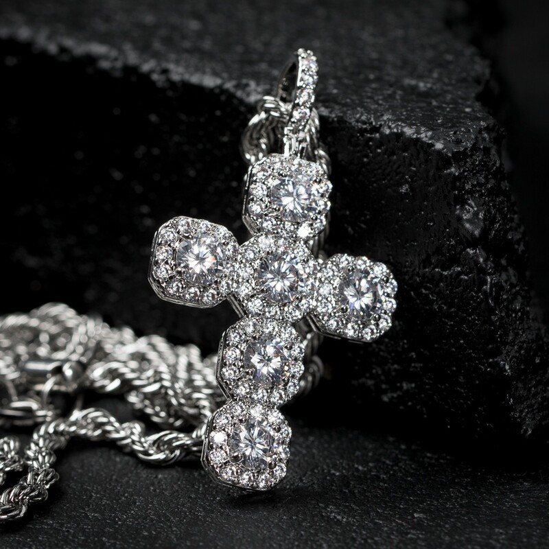 Iced Elegant White Gold Cross Pendant Necklace