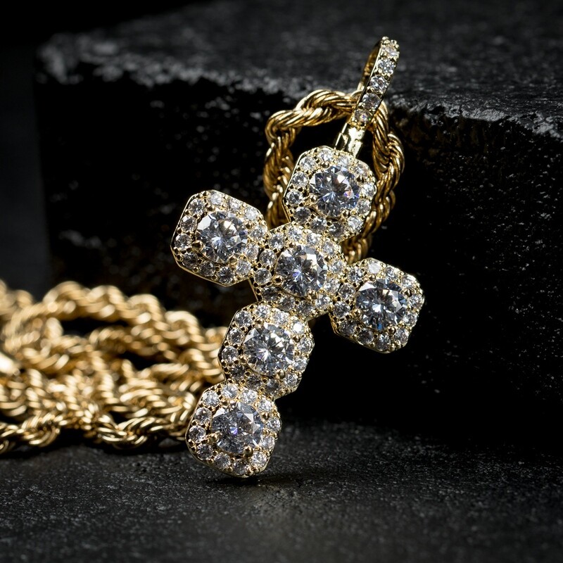 Mens Elegant Iced Gold Cross Pendant Necklace