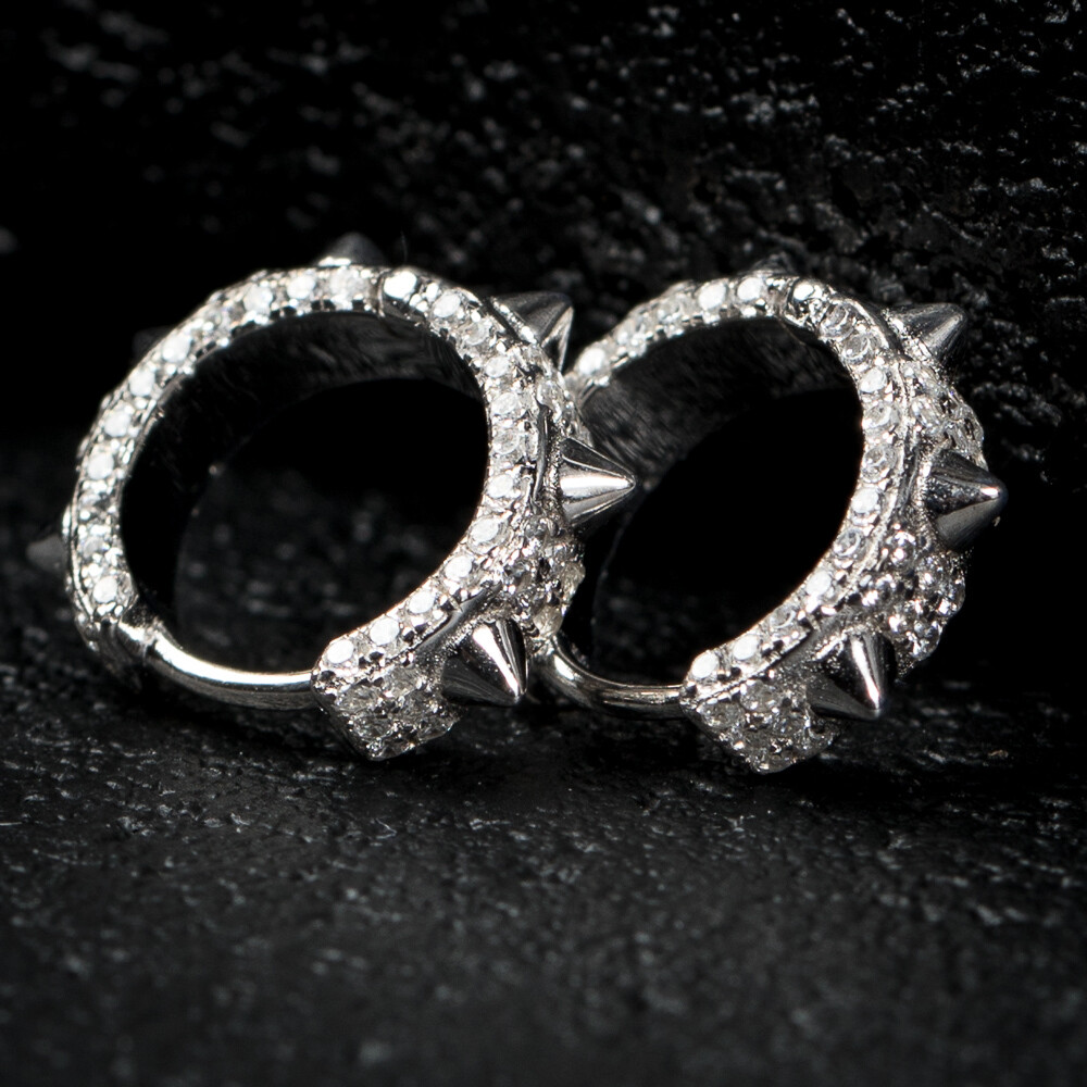 White Gold Sterling Silver Iced Spike Hoop Earrings
