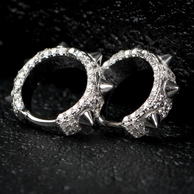 White Gold Sterling Silver Iced Spike Hoop Earrings