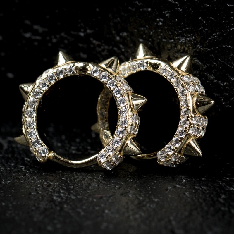 Men&#39;s Gold Sterling Silver Iced Spike Hoop Earrings