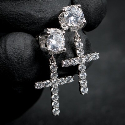 Round Sterling Silver Men&#39;s Stud Cross Dangle Earrings