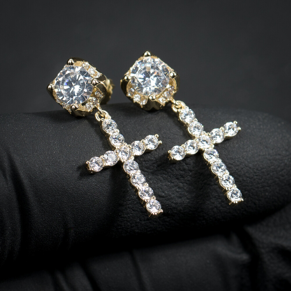 Small Round Gold Stud Cross Dangle Men&#39;s Screw Back Earrings