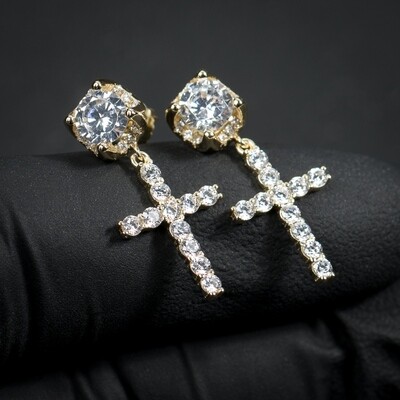 Small Round Gold Stud Cross Dangle Men&#39;s Screw Back Earrings