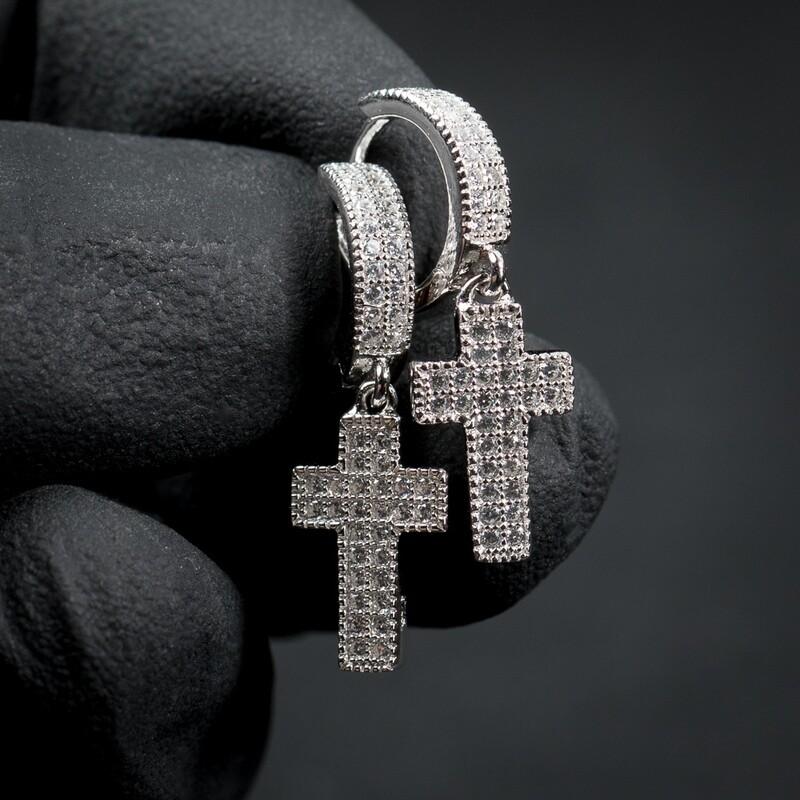 Men&#39;s Iced Sterling Silver Cross Dangle Hoop Earrings