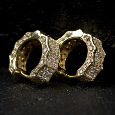 Mens Fully Iced 14K Gold Octagon Huggie Hoop Earrings