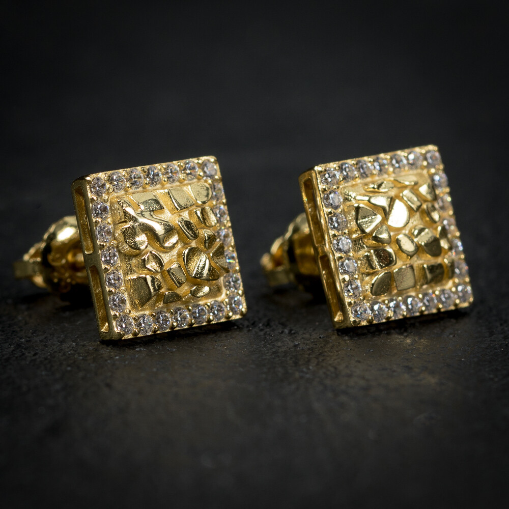 Mens Square Gold Nugget Iced Hip Hop Earrings