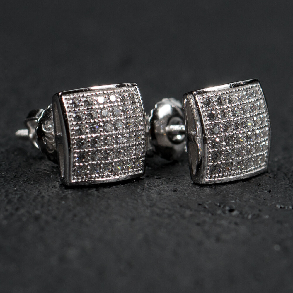 Mens Hip Hop Small Square Iced Sterling Silver Earrings