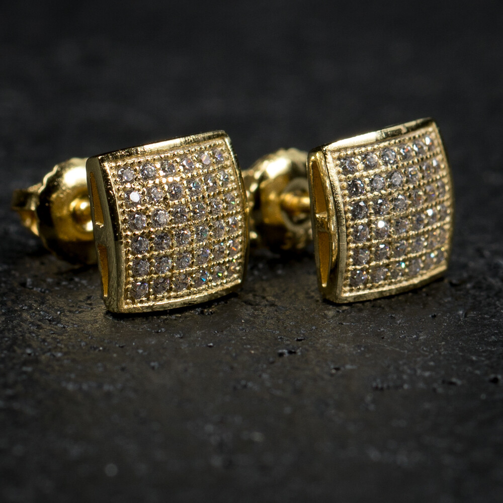 Mens Square Iced Micro Pave Gold Stud Earrings