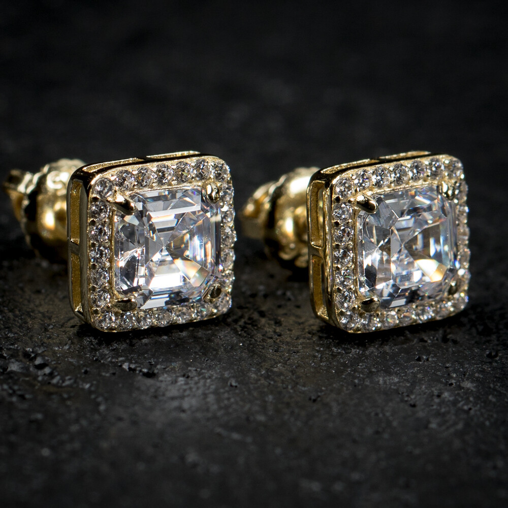 Square 14K Gold Iced Cz Emerald Cut Stud Earrings