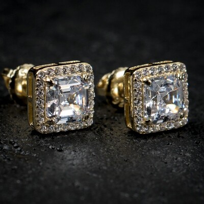 Square 14K Gold Iced Cz Emerald Cut Stud Earrings