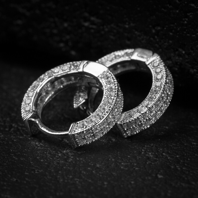 Mens Fully Iced Sterling Silver Cz Huggie Hoop Earrings