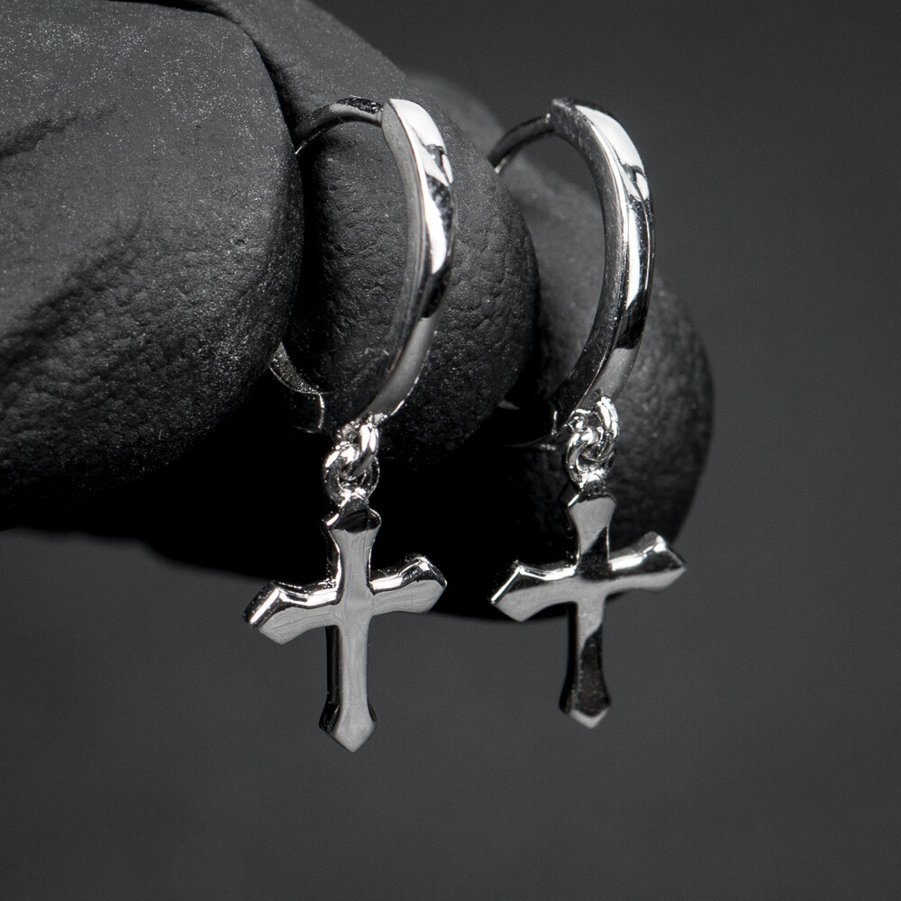 Mens Sterling Silver Dangle Hanging Cross Hoop Earrings​