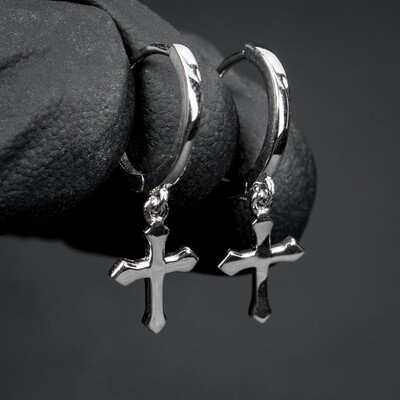 Mens Sterling Silver Dangle Hanging Cross Hoop Earrings​