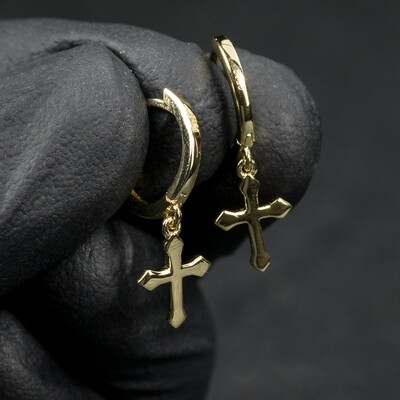 Gold Solid Sterling Silver Dangle Cross Hoop Earrings​