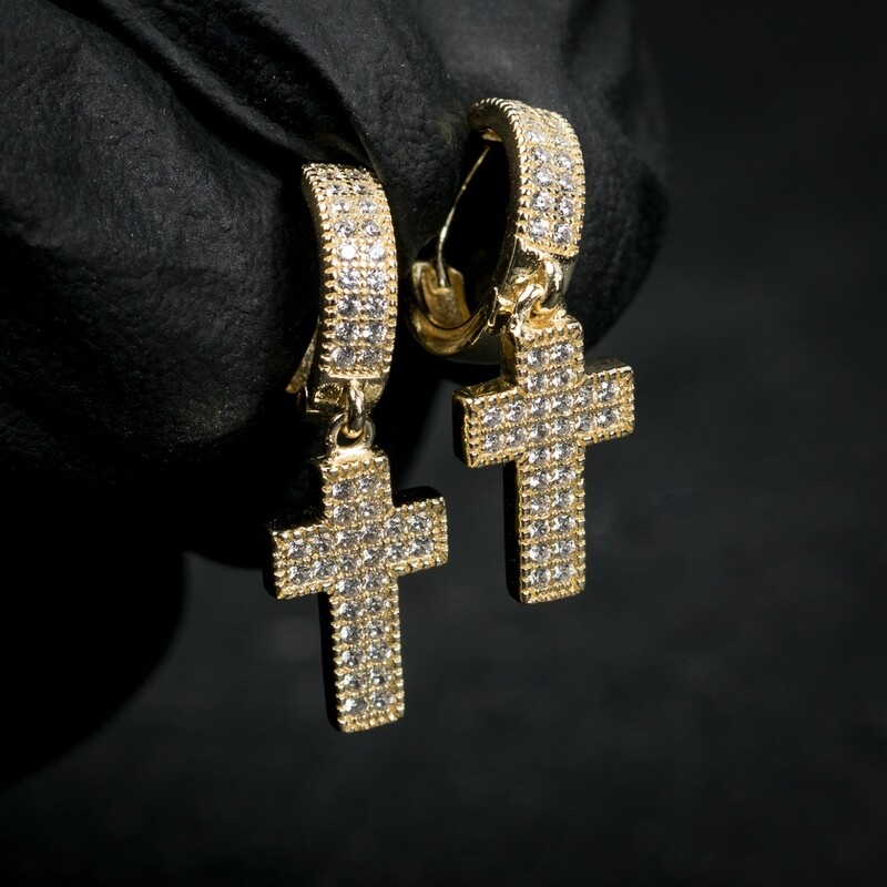 Iced Yellow Gold Dangle Cross Huggie Hoop Earrings