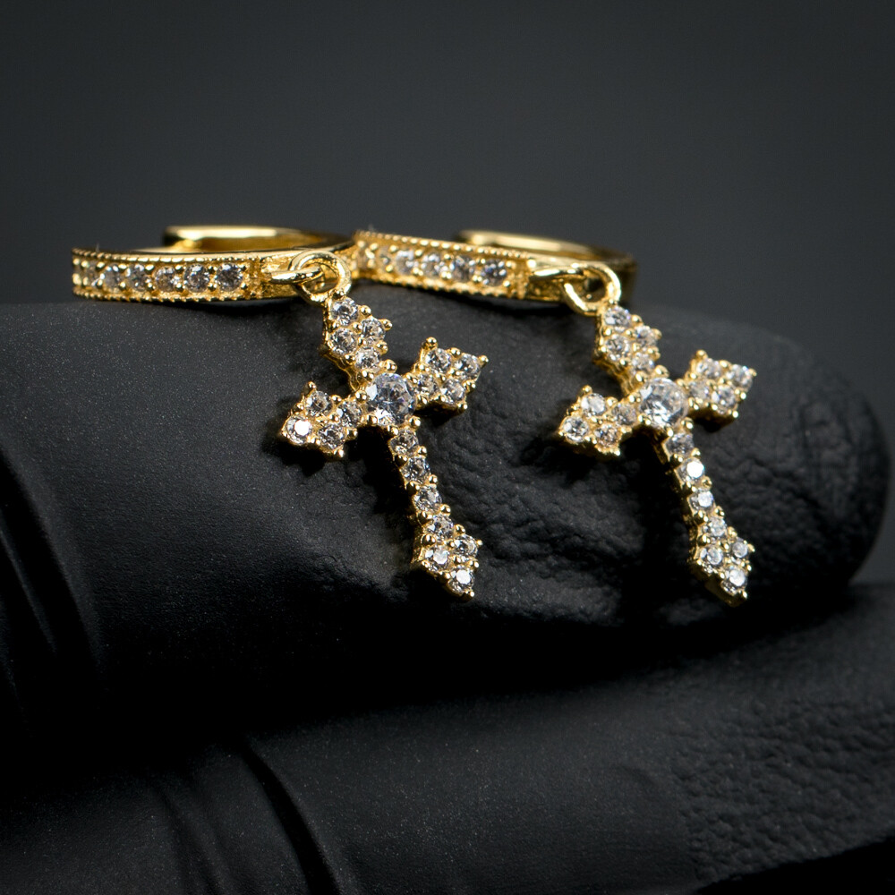 Yellow Gold Sterling Silver Dangle Cross Hoop Earrings