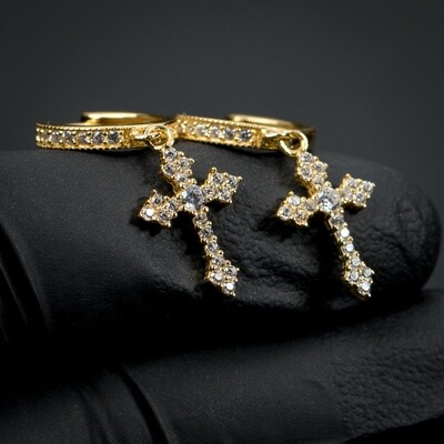 Yellow Gold Sterling Silver Dangle Cross Hoop Earrings