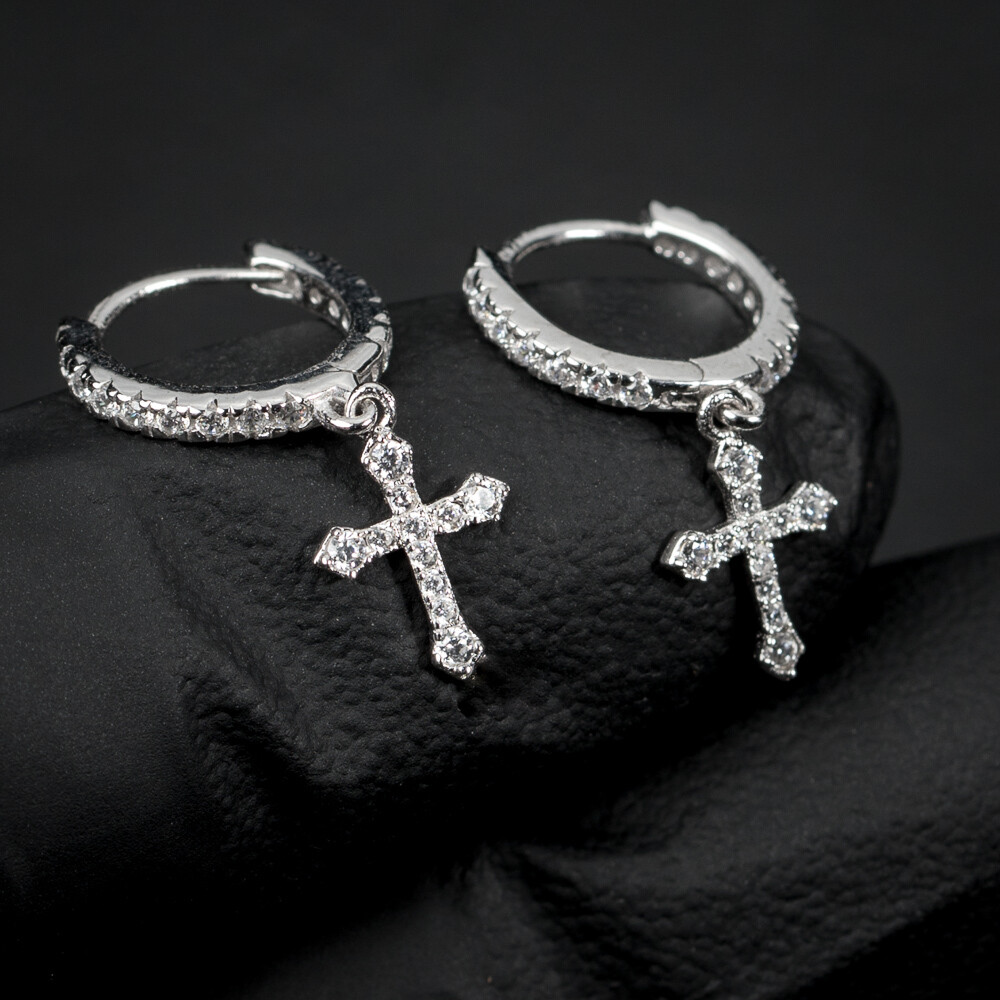 Mini Sterling Silver Iced Dangle Cross Hoop Earrings