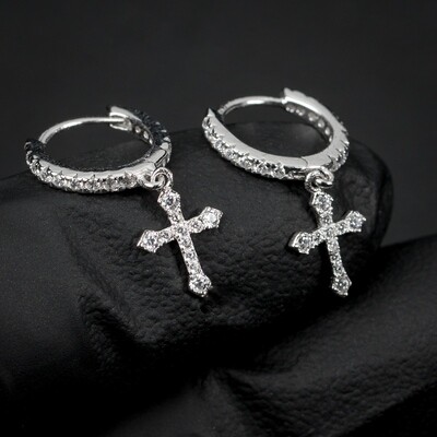Mini Sterling Silver Iced Dangle Cross Hoop Earrings
