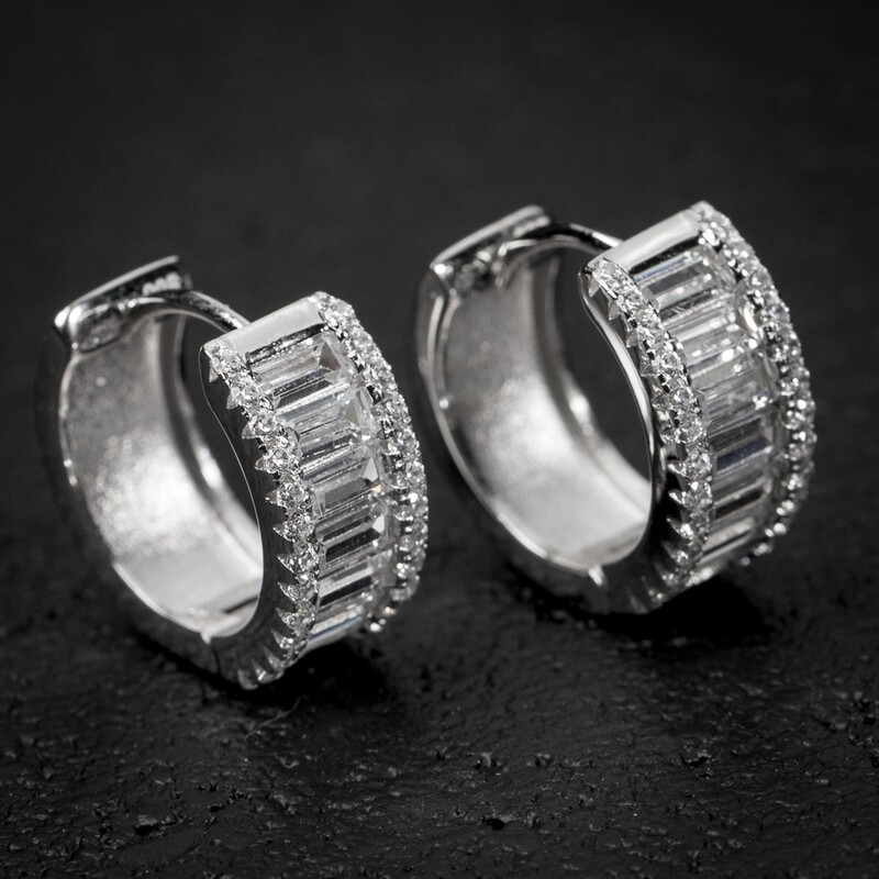 Men's Thick Iced Sterling Silver Post Elegant Baguette Hoop Earrings