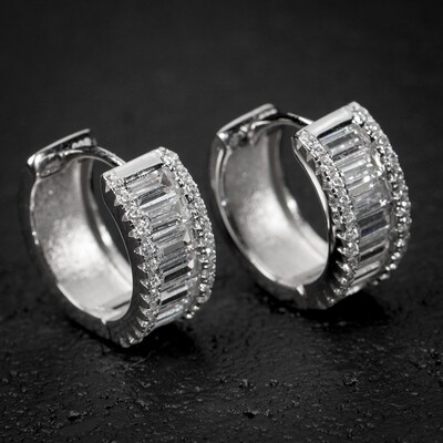 Sterling Silver Mens Iced Baguette Hoop Earrings