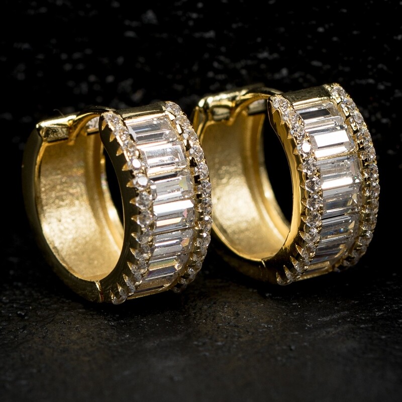 Men&#39;s Iced Yellow Gold Baguette Hoop Huggie Earrings