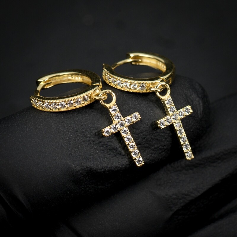 Mens Gold Sterling Silver Hanging Cross Hoop Earrings