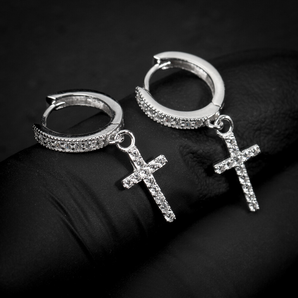 Mens Sterling Silver Hanging Dangle Cross Hoop Earrings