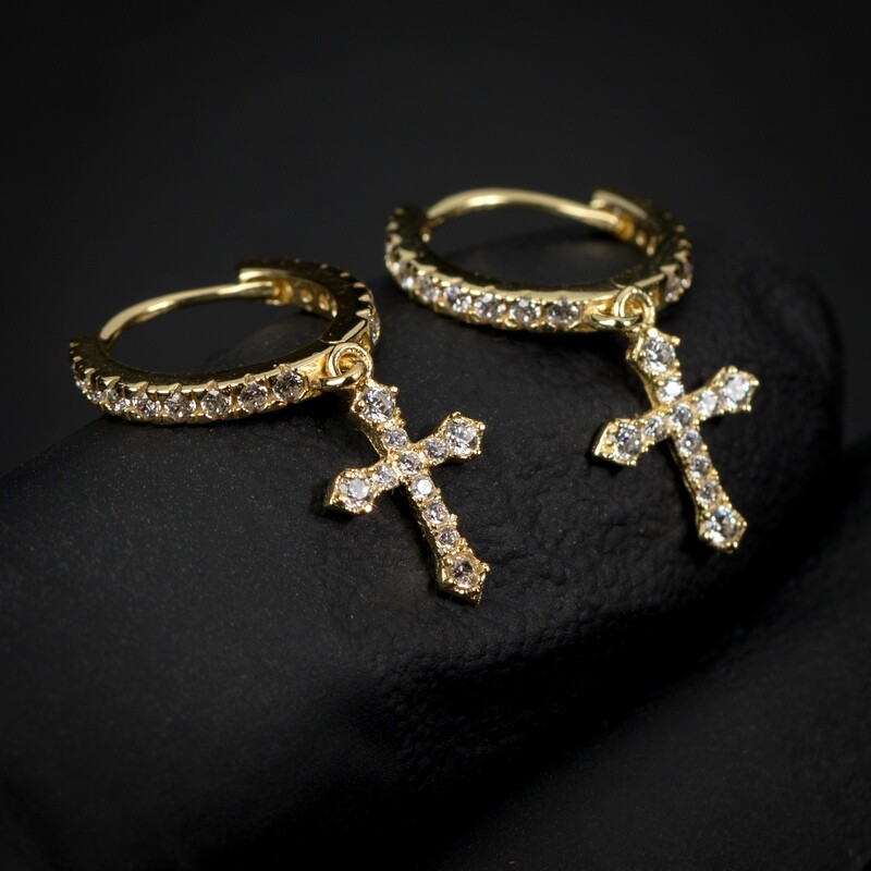 Gold Sterling Silver Iced Dangle Cross Hoop Earrings