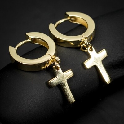 Gold Solid Sterling Silver Cross Dangle Hoop Earrings
