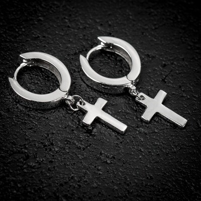 Mens Solid Sterling Silver Cross Dangle Hoop Earrings