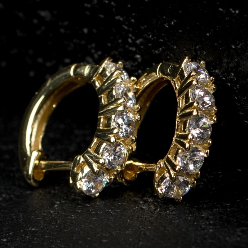 Men&#39;s Gold Sterling Silver Iced Solitaire Hoop Earrings