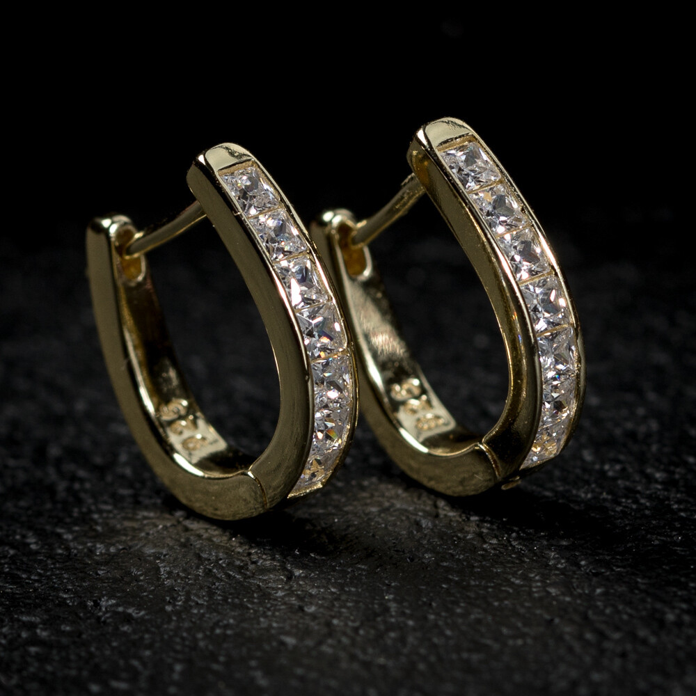 Mens Sterling Silver Gold Vermeil Iced Hoop Earrings
