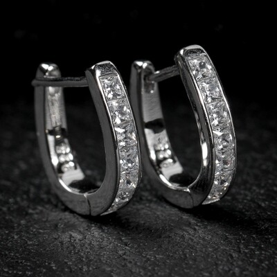 Mens Sterling Silver Cushion Cut Iced Hoop Earrings