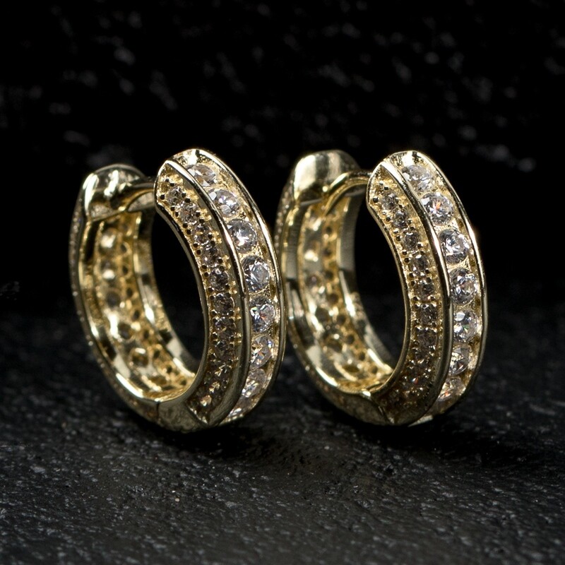Fully Iced Yellow Gold Sterling Silver Men&#39;s 5A Cz Small Mens Hoop Earrings