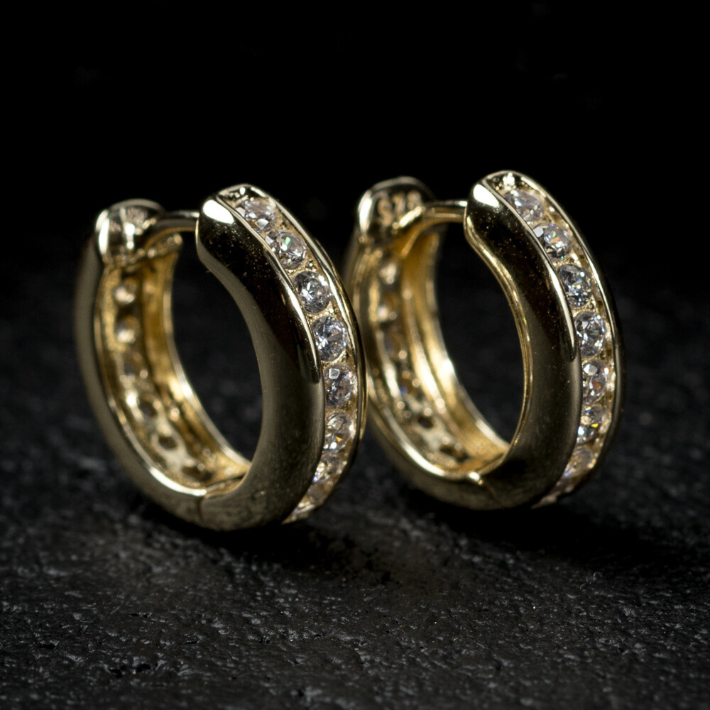Men's Small Gold One Row Iced Cz Hoop Earrings