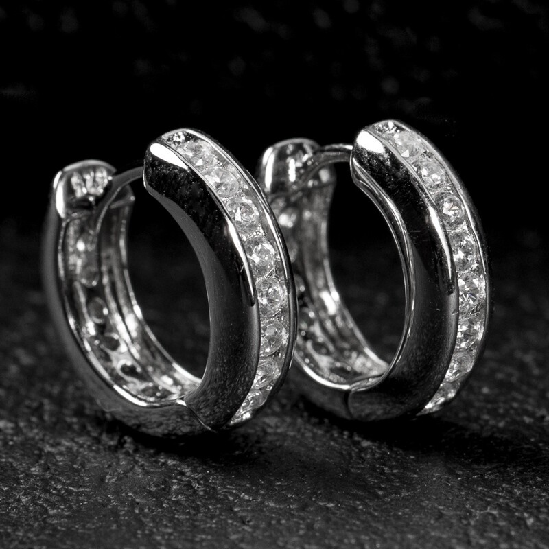 Men&#39;s Small Sterling Silver One Row Iced Hoop Earrings