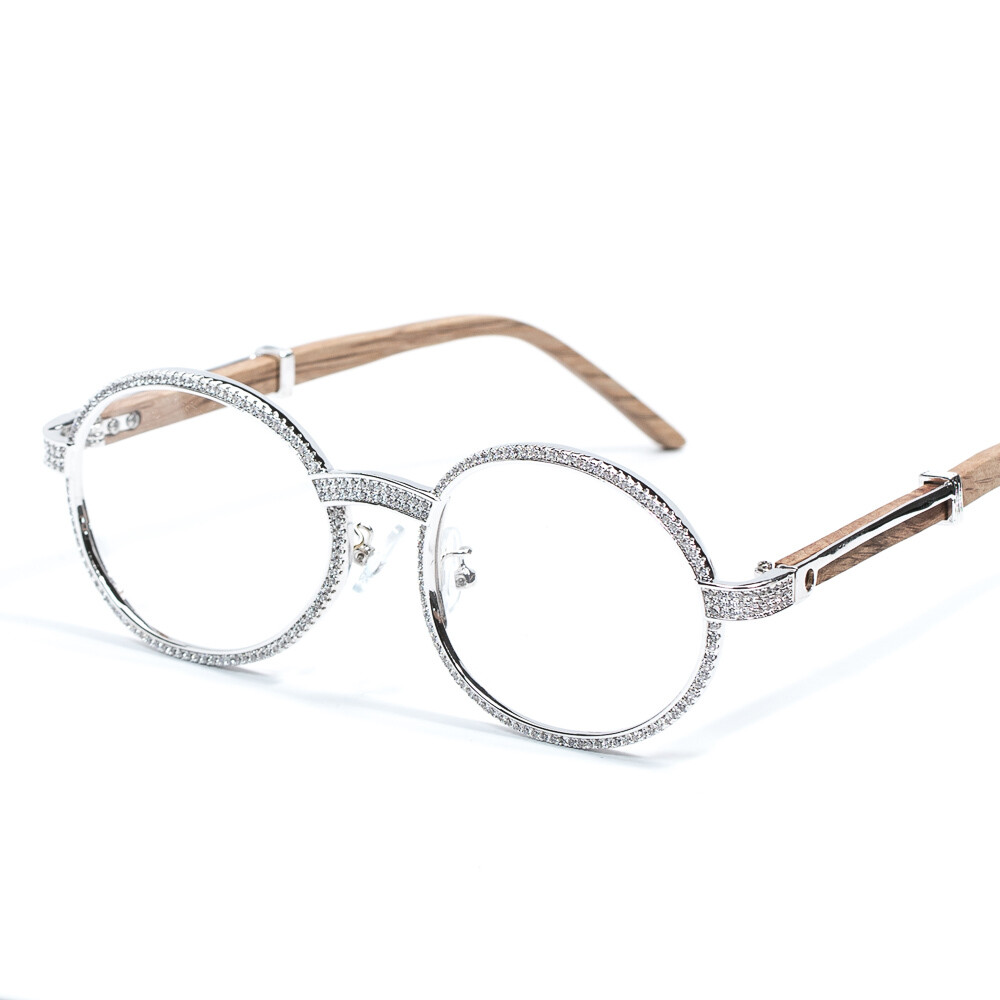 Mens Retro Vintage Silver Clear Lens Wood Iced Glasses